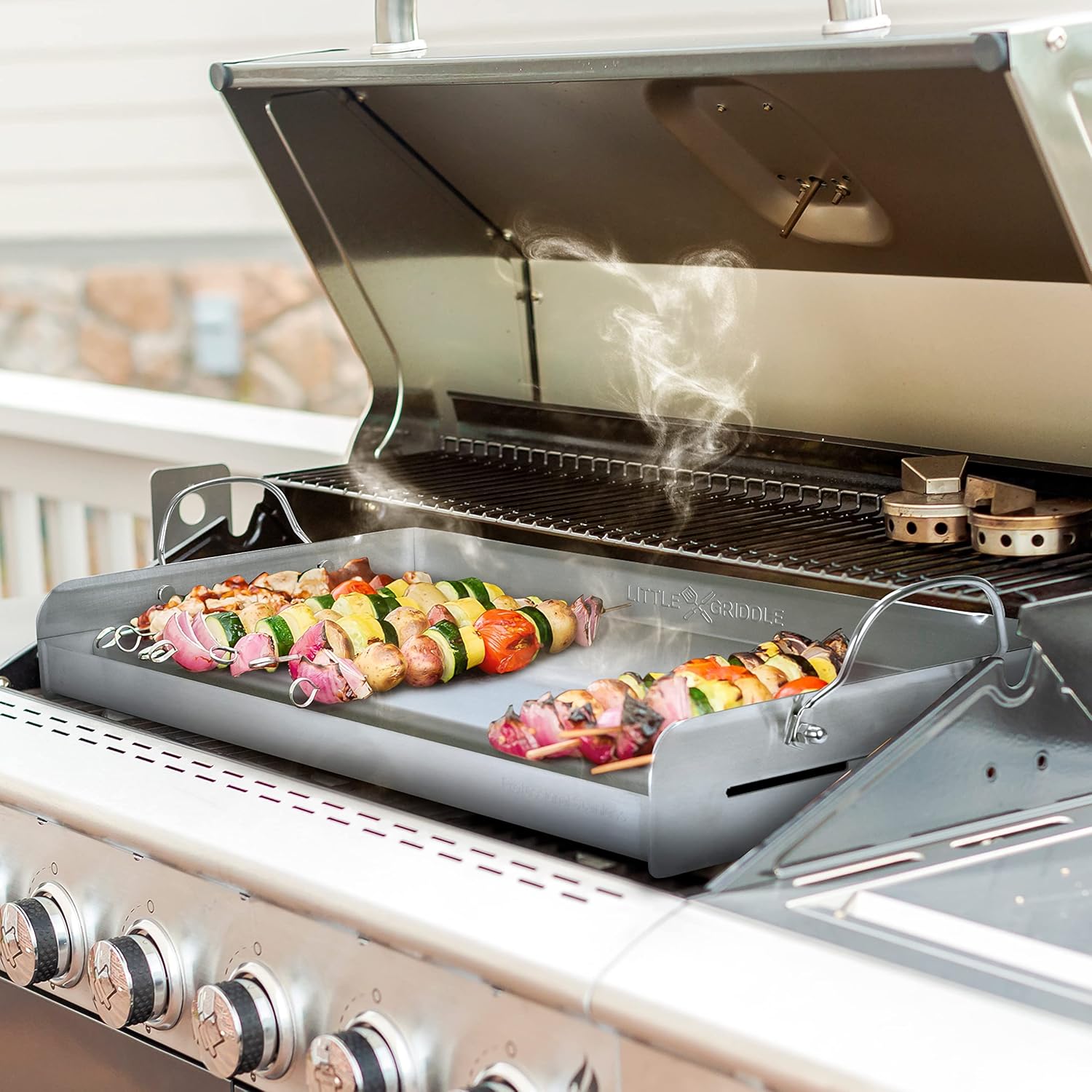 Stainless Steel Griddle: LITTLE GRIDDLE 100% Griddle with Even Heat Cross Bracing and Removable Handles - Perfect for Grills, Camping, and Tailgating, Silver, 25" x 16" x 6.5