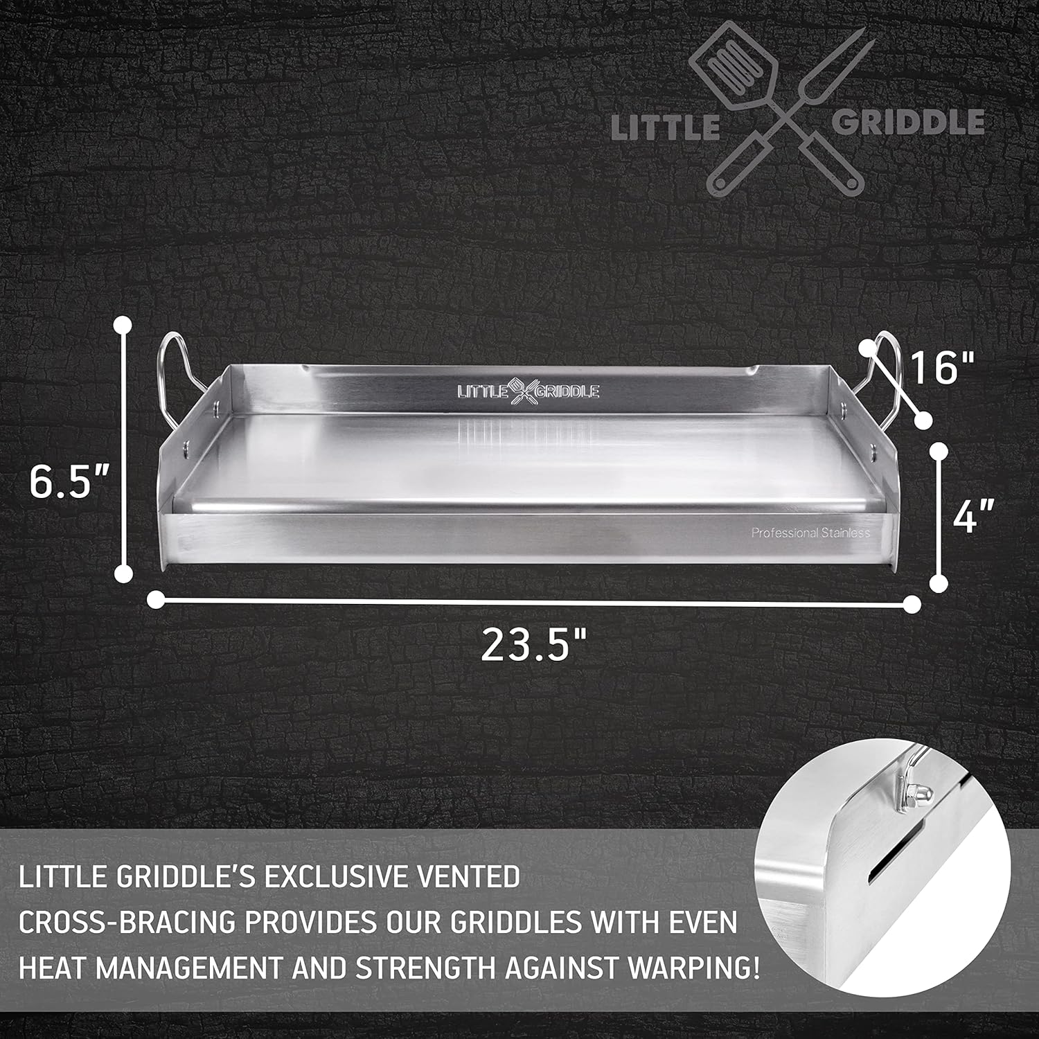 Stainless Steel Griddle: LITTLE GRIDDLE 100% Griddle with Even Heat Cross Bracing and Removable Handles - Perfect for Grills, Camping, and Tailgating, Silver, 25" x 16" x 6.5