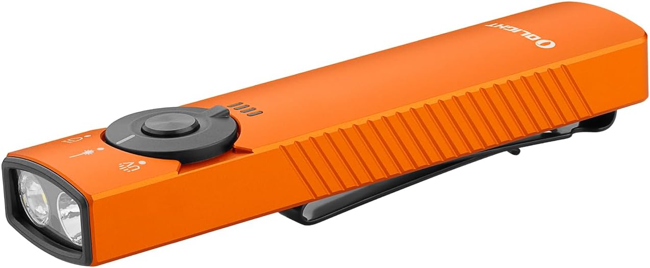 Best EDC Flashlight: OLIGHT Arkfeld Pro Rechargeable Flat Flashlight with Green Beam, UV & White LED Combo - 1300 Lumens Portable Pocket Light in Orange CW for Outdoor Emergencies