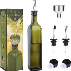 Olive Oil Bottle: AOZITA 17oz Glass Dispenser – 500ml Green Oil and Vinegar Cruet with Pourers and Funnel for Kitchen Use