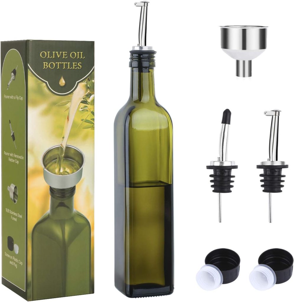 Olive Oil Bottle: AOZITA 17oz Glass Dispenser - 500ml Green Oil and Vinegar Cruet with Pourers and Funnel for Kitchen Use