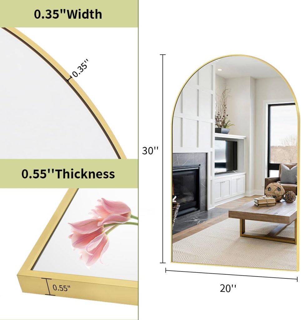 Mirror for Dresser: 20"x30" Arch Bathroom Vanity Mirror with Metal Frame - Gold Wall Mounted Design for Bedroom & Living Room