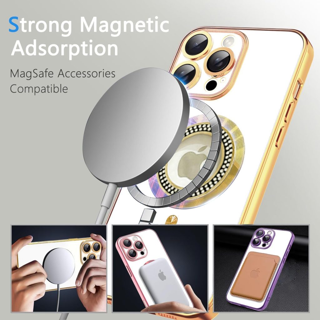 iPhone 16 Pro Max Case – Misscase Magnetic Glitter Case with MagSafe Compatibility, Slim Shockproof Design, Camera Lens Protector, Anti-Scratch Full Protection, Dust-Proof Net, Gold for Women