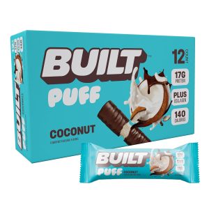 Built Puff Bars: Coconut Protein Puffs – 17g Protein, Only 140 Calories, 6g Sugar, Collagen, Gluten-Free Snack Bars, 12 Count for On-the-Go Energy