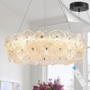 Foyer Chandelier: Modern Luxury 30″ Glass LED Lotus Leaf Light with Remote Control, Dimmable 3000-6500K for High Ceilings