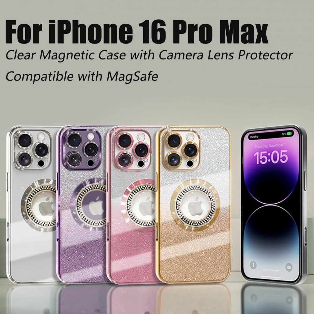 iPhone 16 Pro Max Case – Misscase Magnetic Glitter Case with MagSafe Compatibility, Slim Shockproof Design, Camera Lens Protector, Anti-Scratch Full Protection, Dust-Proof Net, Gold for Women