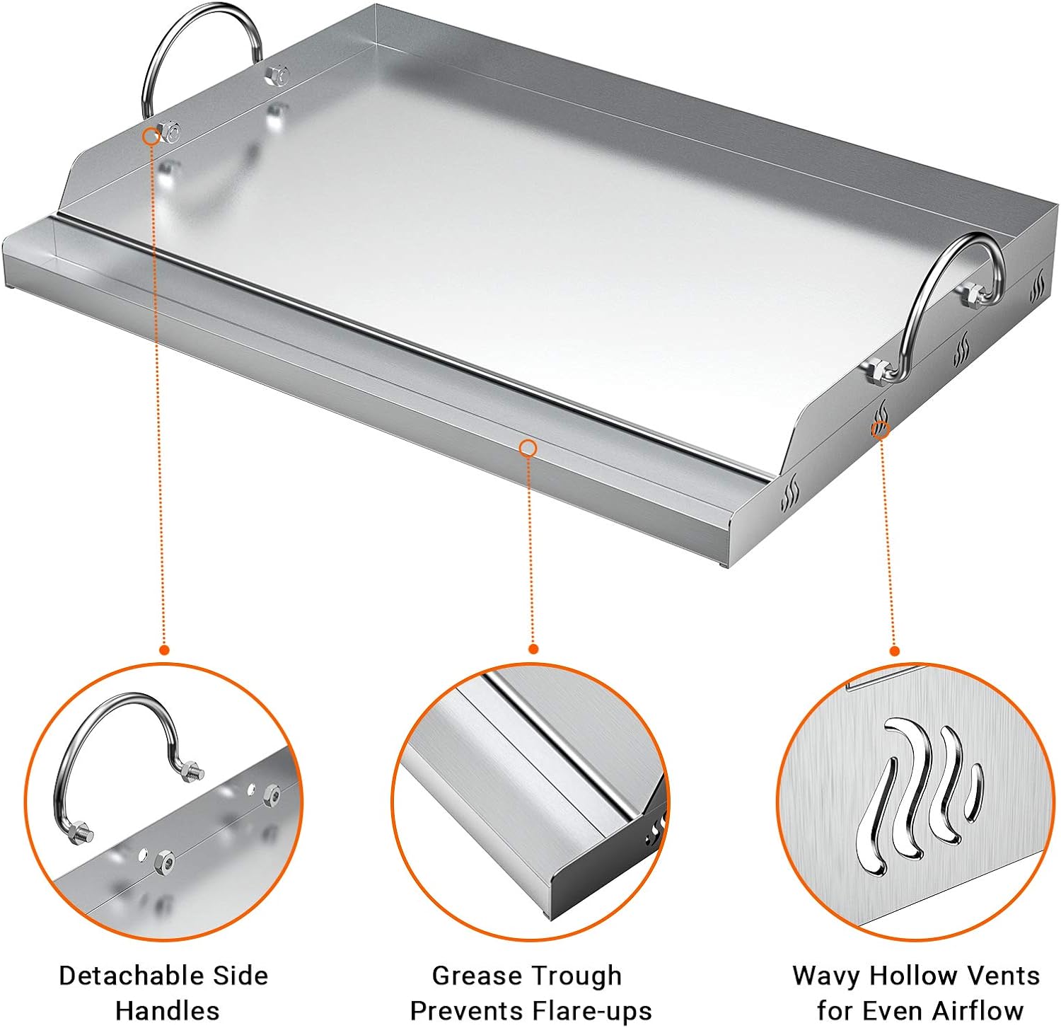 Stainless Steel Griddle: Only Fire Universal Cooking Griddle - 23" x 16" Flat Top Plate Insert with Grease Groove and Handles for Gas and Charcoal Grills, Perfect for Tailgating and Camping