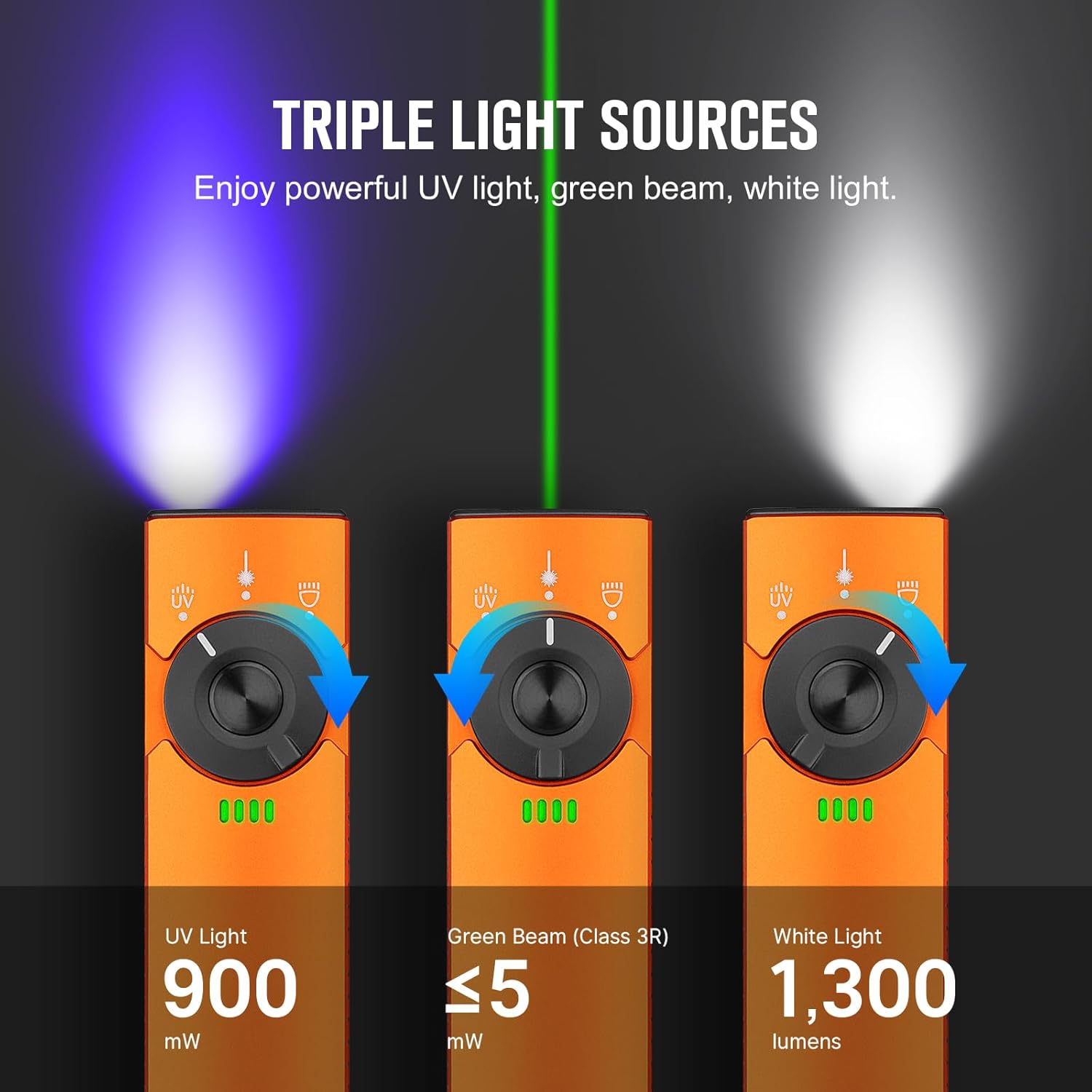 Best EDC Flashlight: OLIGHT Arkfeld Pro Rechargeable Flat Flashlight with Green Beam, UV & White LED Combo - 1300 Lumens Portable Pocket Light in Orange CW for Outdoor Emergencies