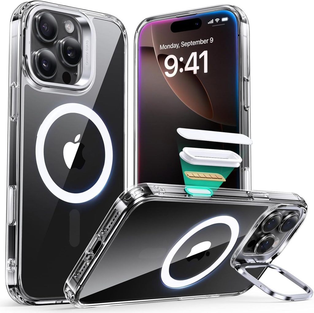 iPhone 16 Pro Max Case – ESR Military-Grade Protective Cover with Camera Control Button, MagSafe Compatibility, Built-in Stash Stand, and Scratch-Resistant Clear Back Cover