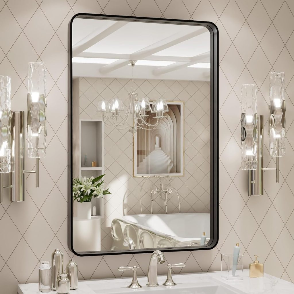 Mirror for Dresser: LOAAO 20X30 Inch Black Metal Framed Bathroom Mirror - Versatile Rounded Rectangle Design for Horizontal or Vertical Hanging