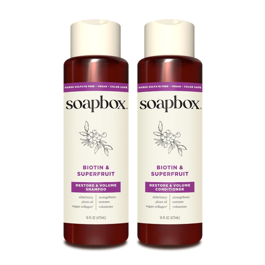 Shampoo Soapbox: Biotin & Superfruit Shampoo and Conditioner Set with Vegan Collagen, Aloe, and Shea Butter - Sulfate, Paraben & Silicone Free (2 Pack, 16 Ounces Each)