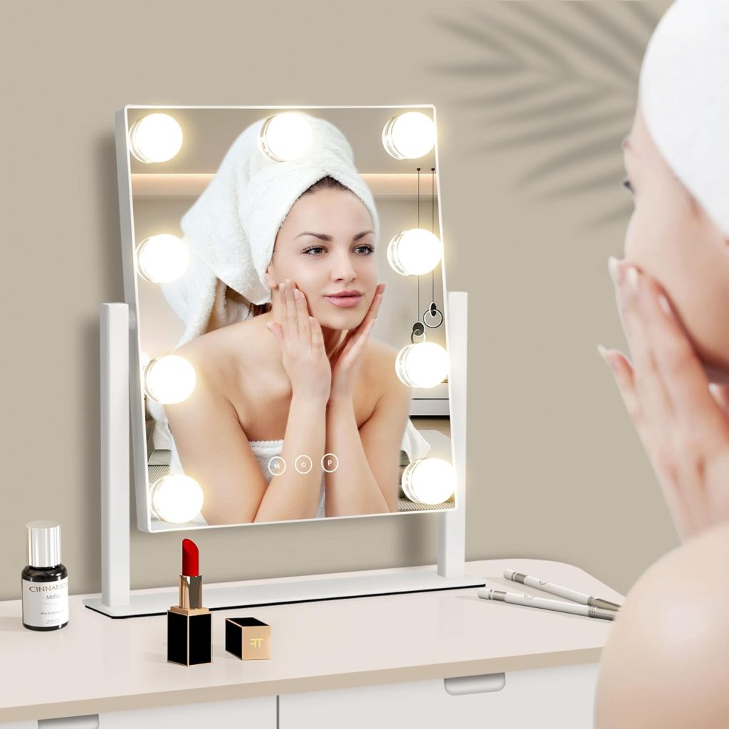 Mirror for Dresser: Vanity Mirror with Lights - 3 Color Lighting Modes, Detachable 10X Magnification, Touch Control, and 360° Rotation in White