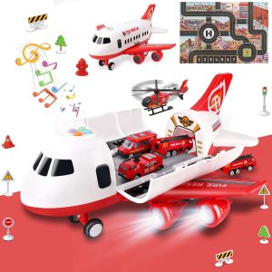 Airplane Toy: Dwi Dowellin Playset with Fire Truck Cars and Play Mat – Interactive Plane with Lights and Sounds for Kids 3+ Years