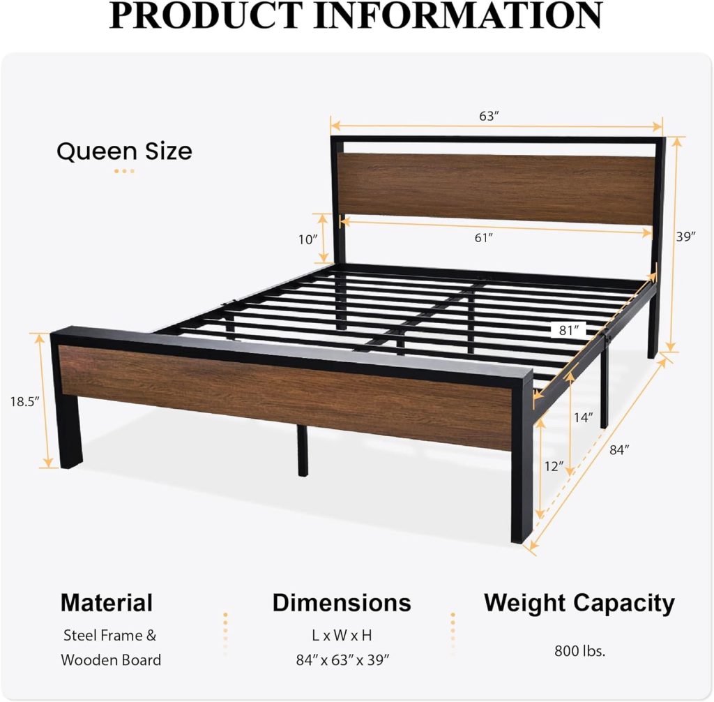 Queen Beds Queen – SHA CERLIN 14-Inch Metal Platform Bed Frame with Wooden Headboard and Footboard, Mattress Foundation, No Box Spring Required, Large Under-Bed Storage, Noise-Free Design in Walnut
