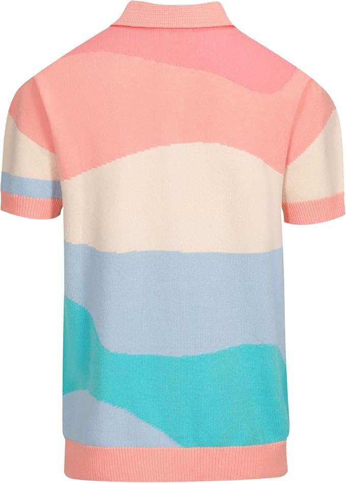 OX Shirts: OXKNIT Men's Short Sleeve Vintage Polo with Casual Multi-Colored Knitted Geometric Patterns