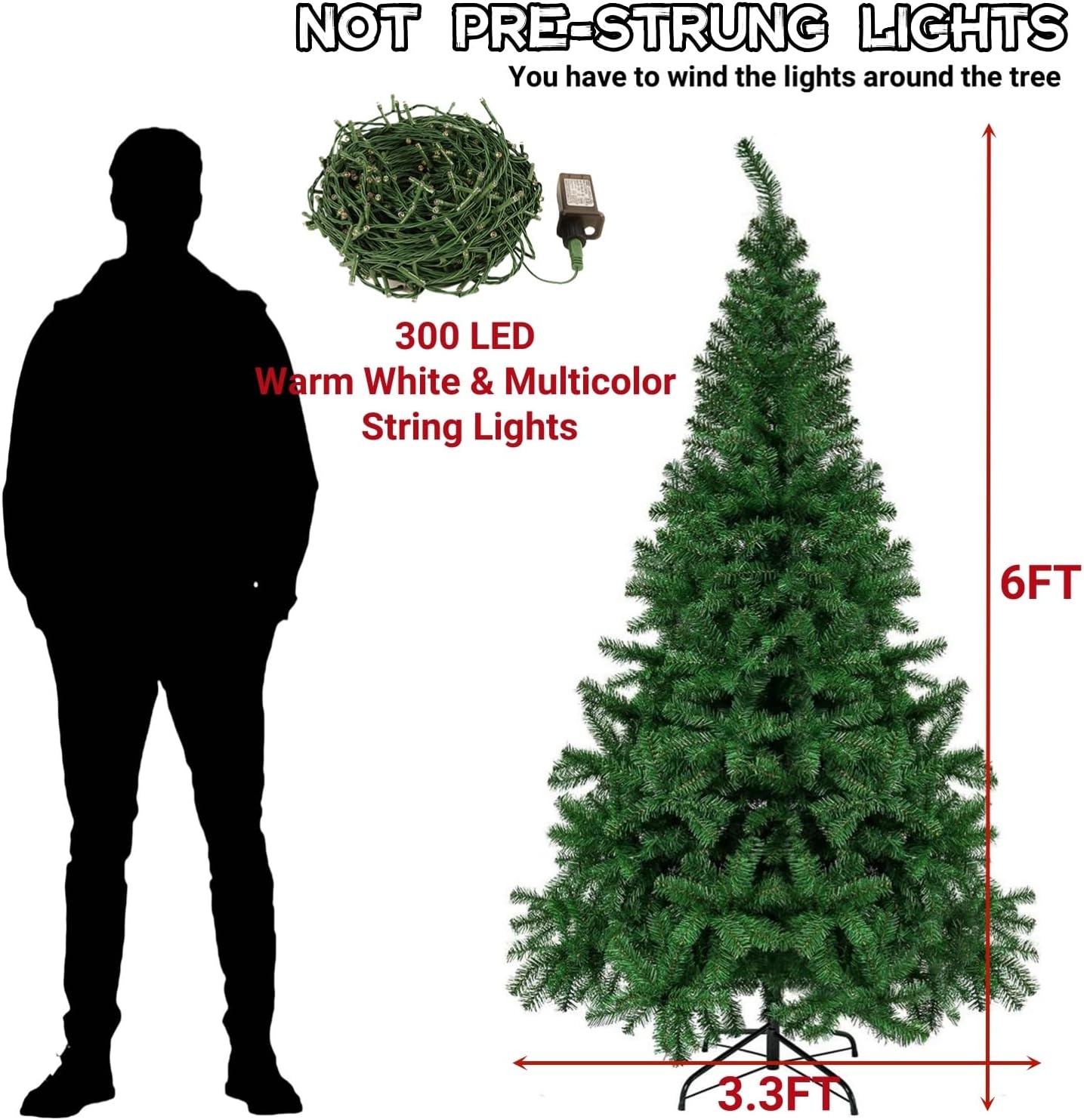 Douglas Fir Christmas Tree: 6-Foot Artificial Tree with 300 LED Warm White & Color Changing Lights, Metal Legs, and 850 Tips