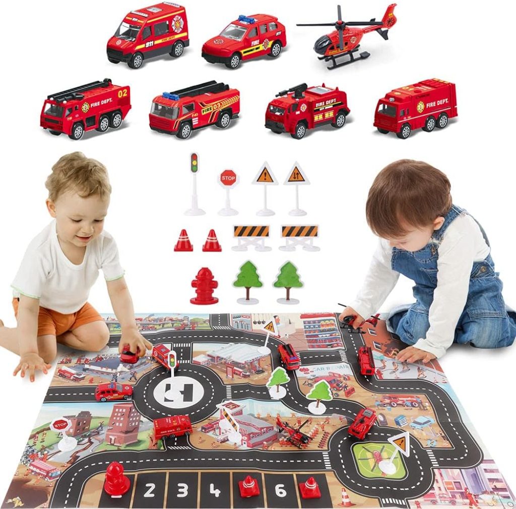 Airplane Toy: Dwi Dowellin Playset with Fire Truck Cars and Play Mat - Interactive Plane with Lights and Sounds for Kids 3+ Years