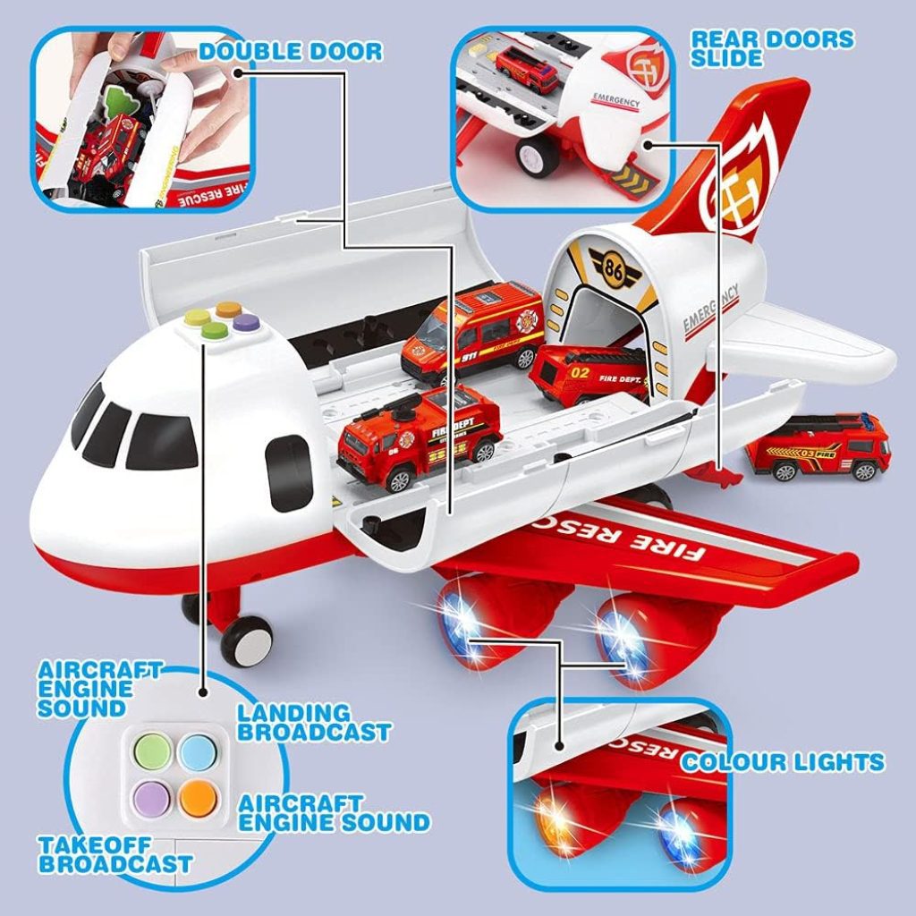 Airplane Toy: Dwi Dowellin Playset with Fire Truck Cars and Play Mat - Interactive Plane with Lights and Sounds for Kids 3+ Years