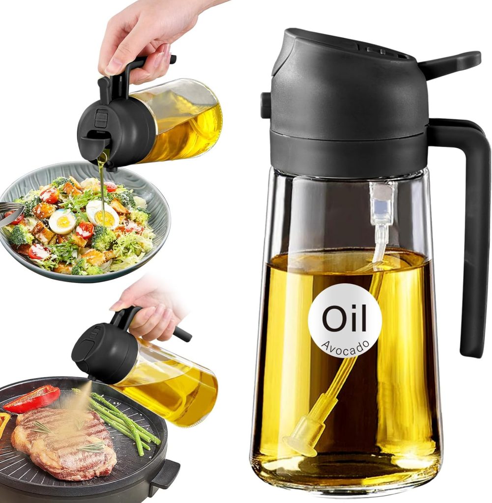 Olive Oil Bottle: YARRAMATE 16oz Glass Sprayer for Cooking - 2-in-1 Oil Dispenser with Stickers, Food Grade Premium Spray Bottle for Salad, Frying, and BBQ (Black)