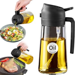 Olive Oil Bottle: YARRAMATE 16oz Glass Sprayer for Cooking – 2-in-1 Oil Dispenser with Stickers, Food Grade Premium Spray Bottle for Salad, Frying, and BBQ (Black)