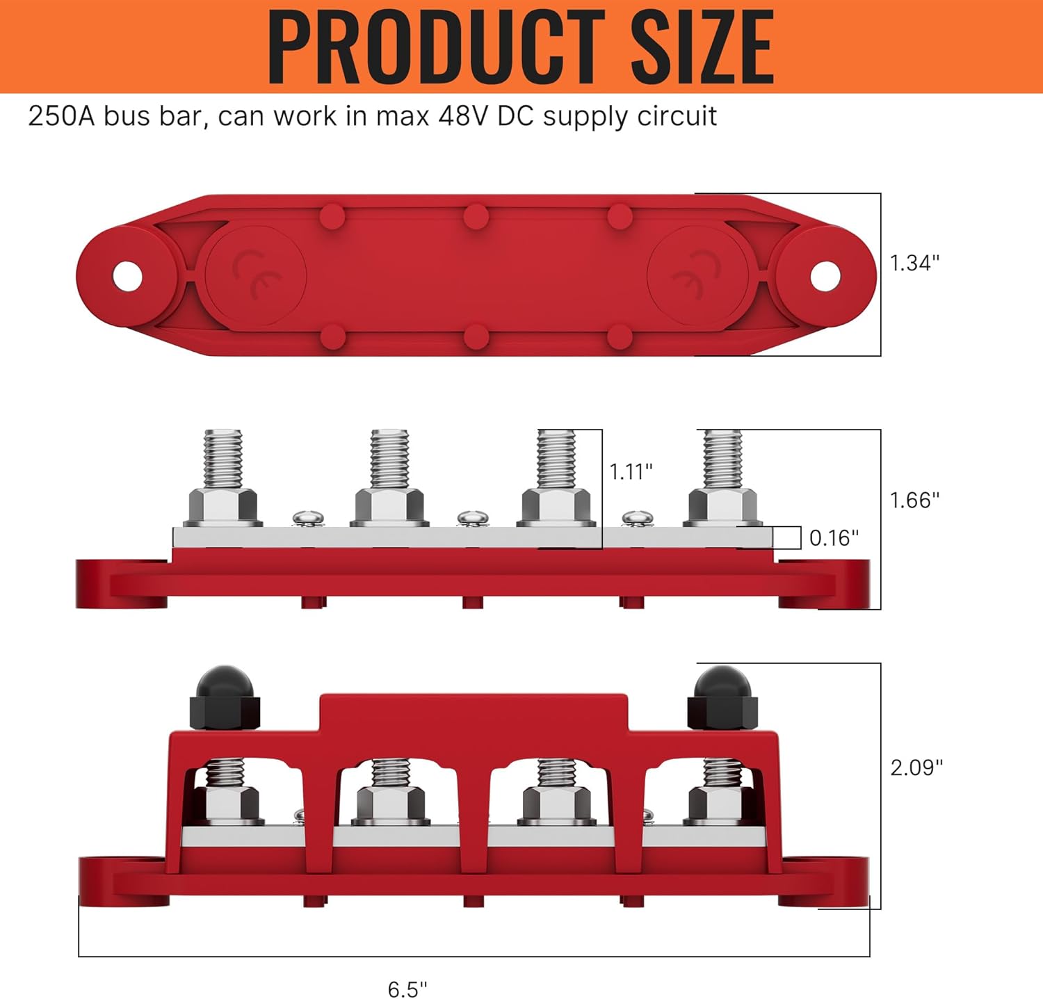 Power Distribution Block: Joinfworld 12V 250A Bus Bar with 4 x 3/8" Studs for Automotive, Marine, Boat, and Solar Wiring
