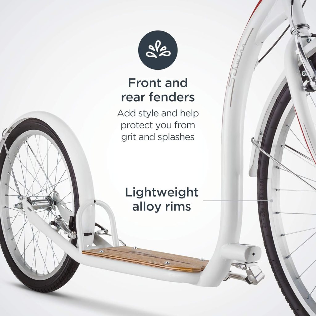 Walking Bike - Schwinn Shuffle Kick Scooter for Men and Women, Featuring 26-Inch Front Wheel, 20-Inch Rear Wheel, Cruiser Handlebars, Alloy Brakes, Steel Frame, and Vintage Deck