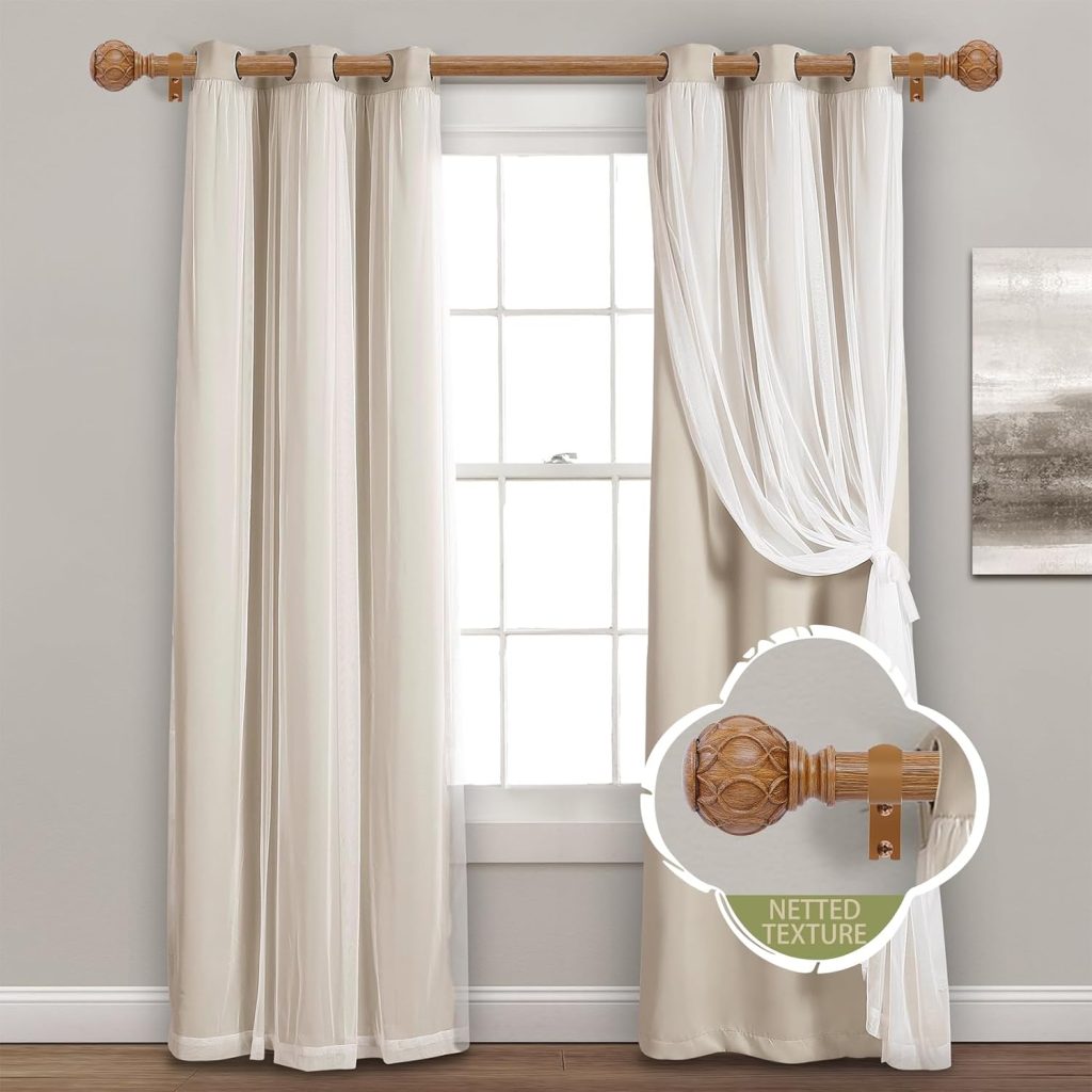 Wooden Curtain Rods - 2 Pack Adjustable Drapery Rods with Netted Texture, Heavy Duty 1 Inch, 28 to 48 Inch, Brown Wood