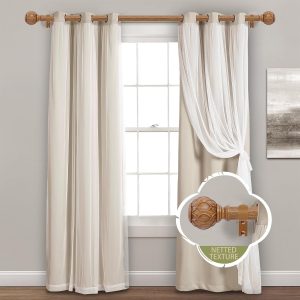 Wooden Curtain Rods – 2 Pack Adjustable Drapery Rods with Netted Texture, Heavy Duty 1 Inch, 28 to 48 Inch, Brown Wood