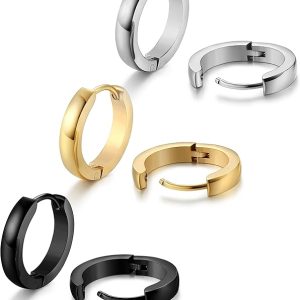 Men’s Hoop Earrings: Jstyle Hypoallergenic Small Huggie Earrings for Sensitive Ears – 316L Surgical Stainless Steel in Gold, Silver, and Black (12/16/20mm)