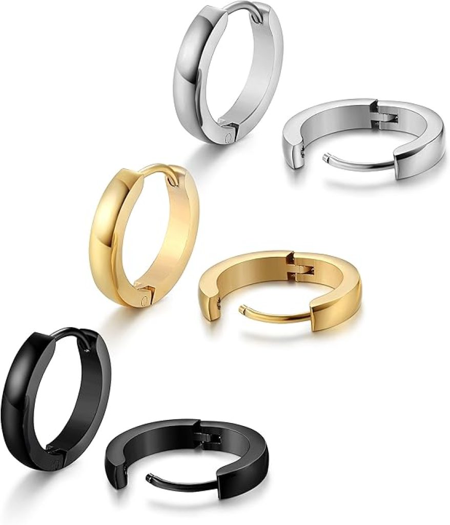 Men's Hoop Earrings: Jstyle Hypoallergenic Small Huggie Earrings for Sensitive Ears - 316L Surgical Stainless Steel in Gold, Silver, and Black (12/16/20mm)
