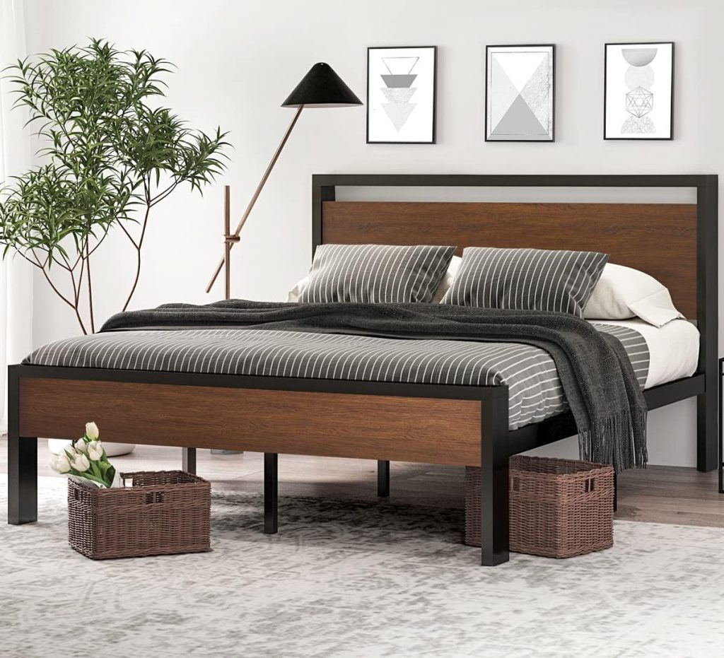 Queen Beds Queen – SHA CERLIN 14-Inch Metal Platform Bed Frame with Wooden Headboard and Footboard, Mattress Foundation, No Box Spring Required, Large Under-Bed Storage, Noise-Free Design in Walnut