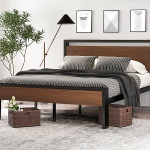 Queen Beds Queen – SHA CERLIN 14-Inch Metal Platform Bed Frame with Wooden Headboard and Footboard, Mattress Foundation, No Box Spring Required, Large Under-Bed Storage, Noise-Free Design in Walnut