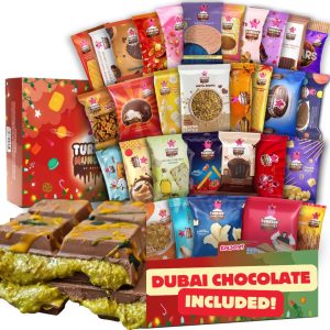 Dubai Chocolate Bar Gift: Premium Mega International Snack Box with Exotic Foreign Snacks and Unique Turkish Candies – 32 Full-Size Treats Included
