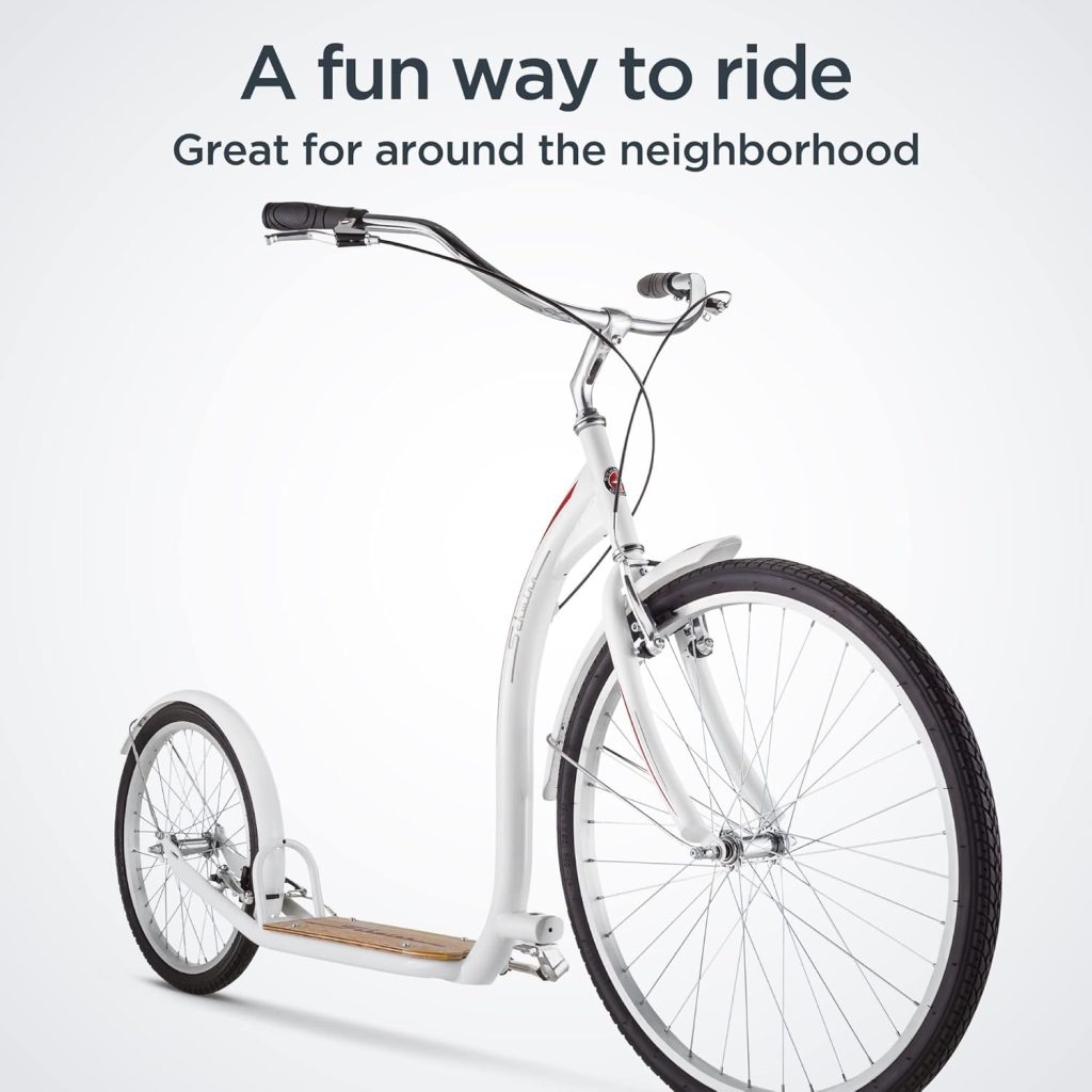 Walking Bike - Schwinn Shuffle Kick Scooter for Men and Women, Featuring 26-Inch Front Wheel, 20-Inch Rear Wheel, Cruiser Handlebars, Alloy Brakes, Steel Frame, and Vintage Deck