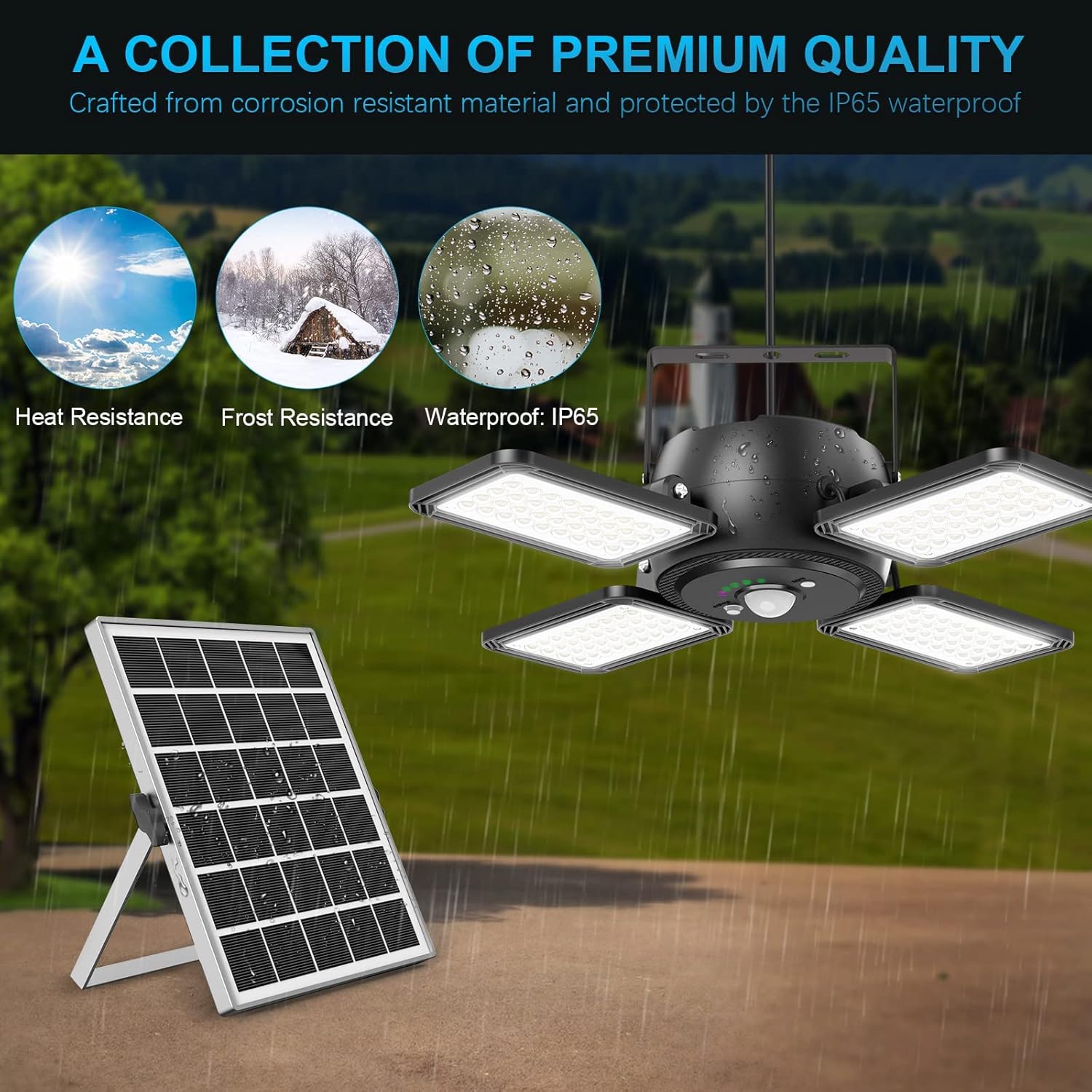 Outdoor Pendant Lighting: Solar Powered Motion Sensor Light with 144 LEDs - 1200LM, 5 Modes, Remote Control, IP65 Waterproof for Garage and Gazebo