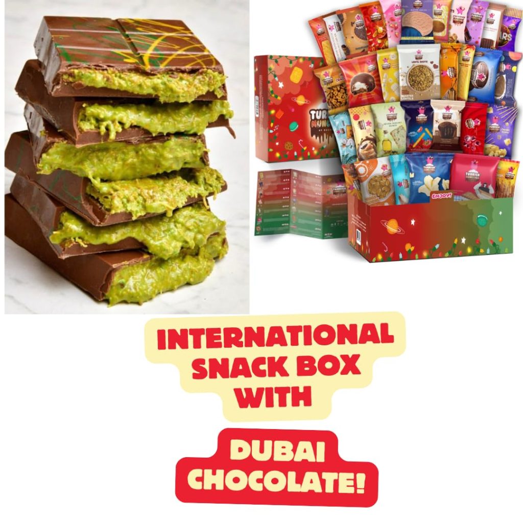Dubai Chocolate Bar Gift: Premium Mega International Snack Box with Exotic Foreign Snacks and Unique Turkish Candies – 32 Full-Size Treats Included
