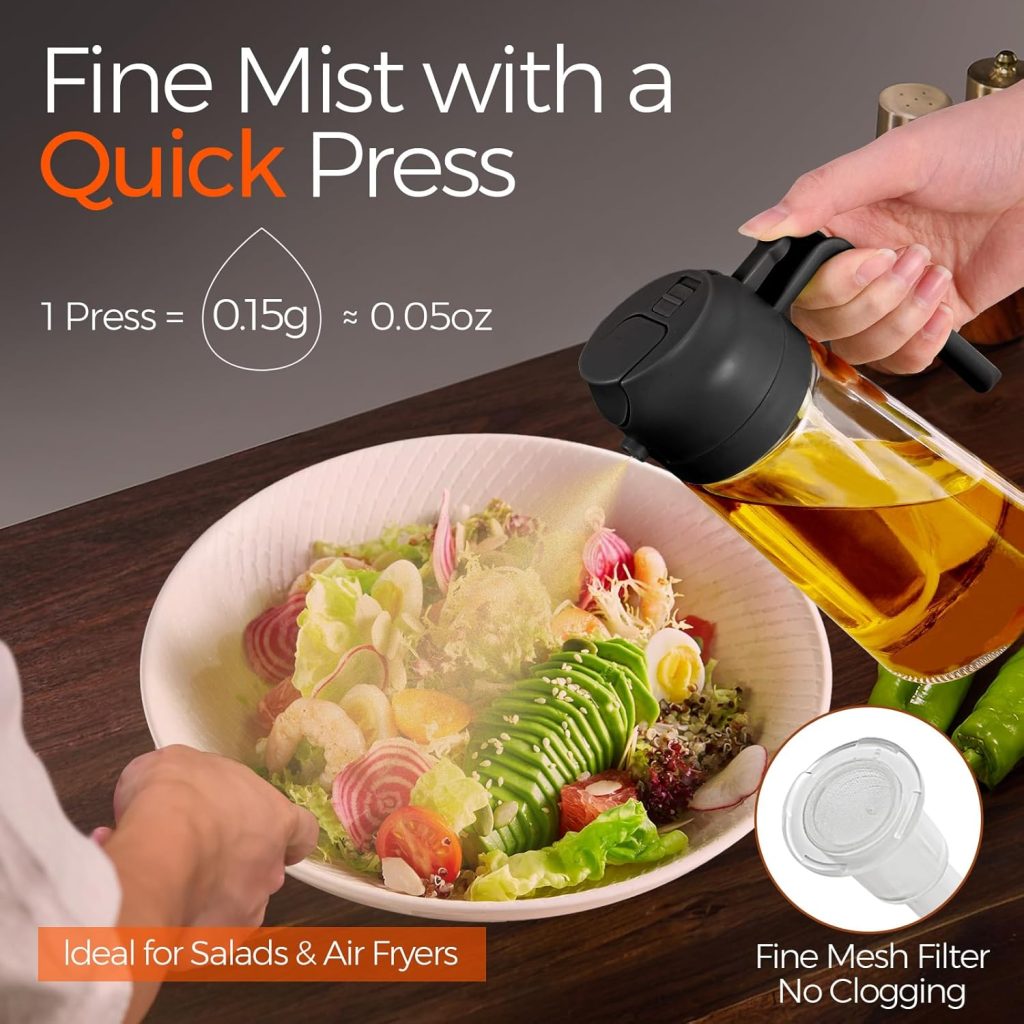 Olive Oil Bottle: YARRAMATE 16oz Glass Sprayer for Cooking - 2-in-1 Oil Dispenser with Stickers, Food Grade Premium Spray Bottle for Salad, Frying, and BBQ (Black)