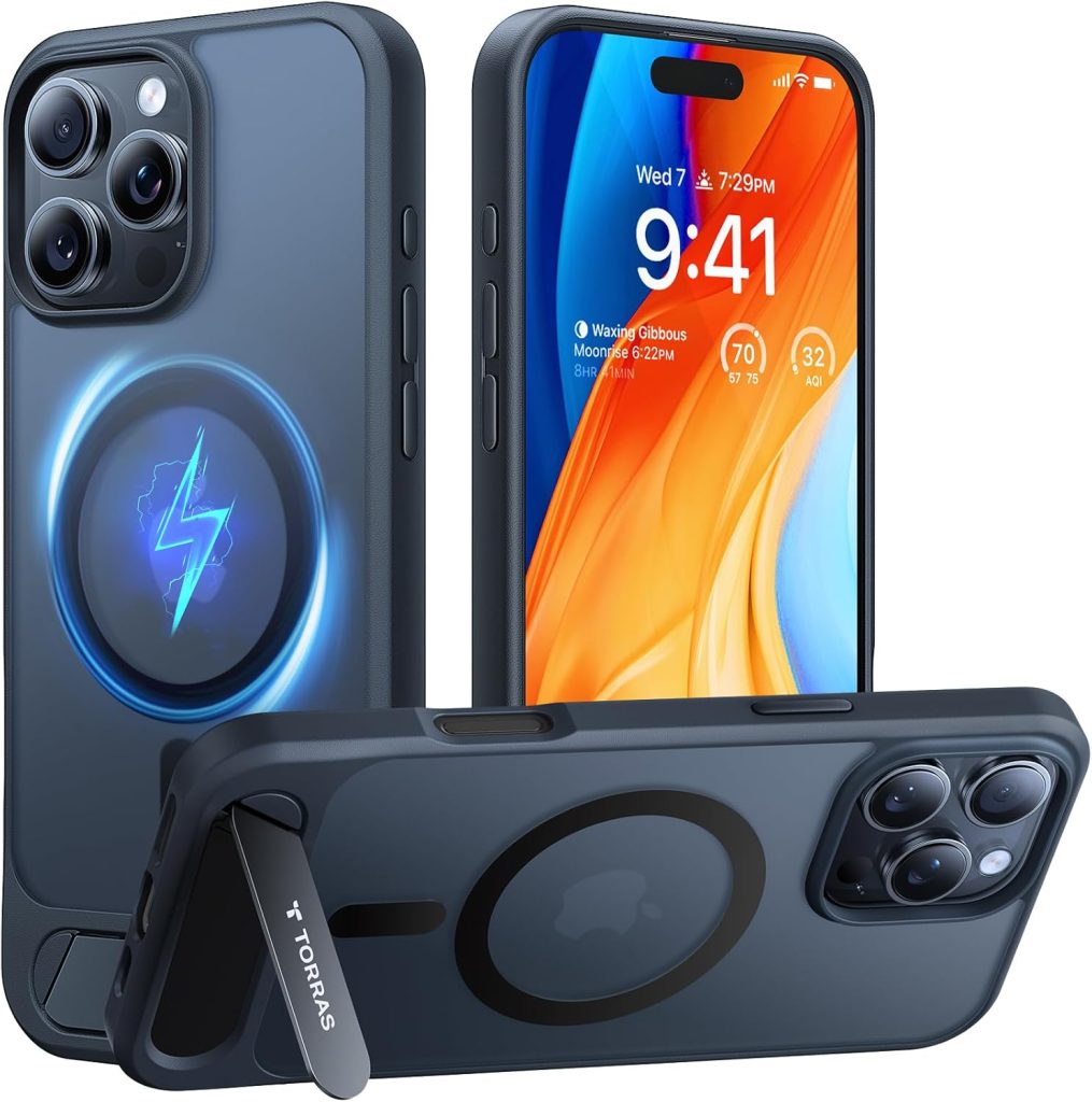 iPhone 16 Pro Max Case – TORRAS Translucent Black with Strong Magnetic Support, Built-in Kickstand, Slim Matte Design, MagSafe Compatible, Military-Grade Drop Protection
