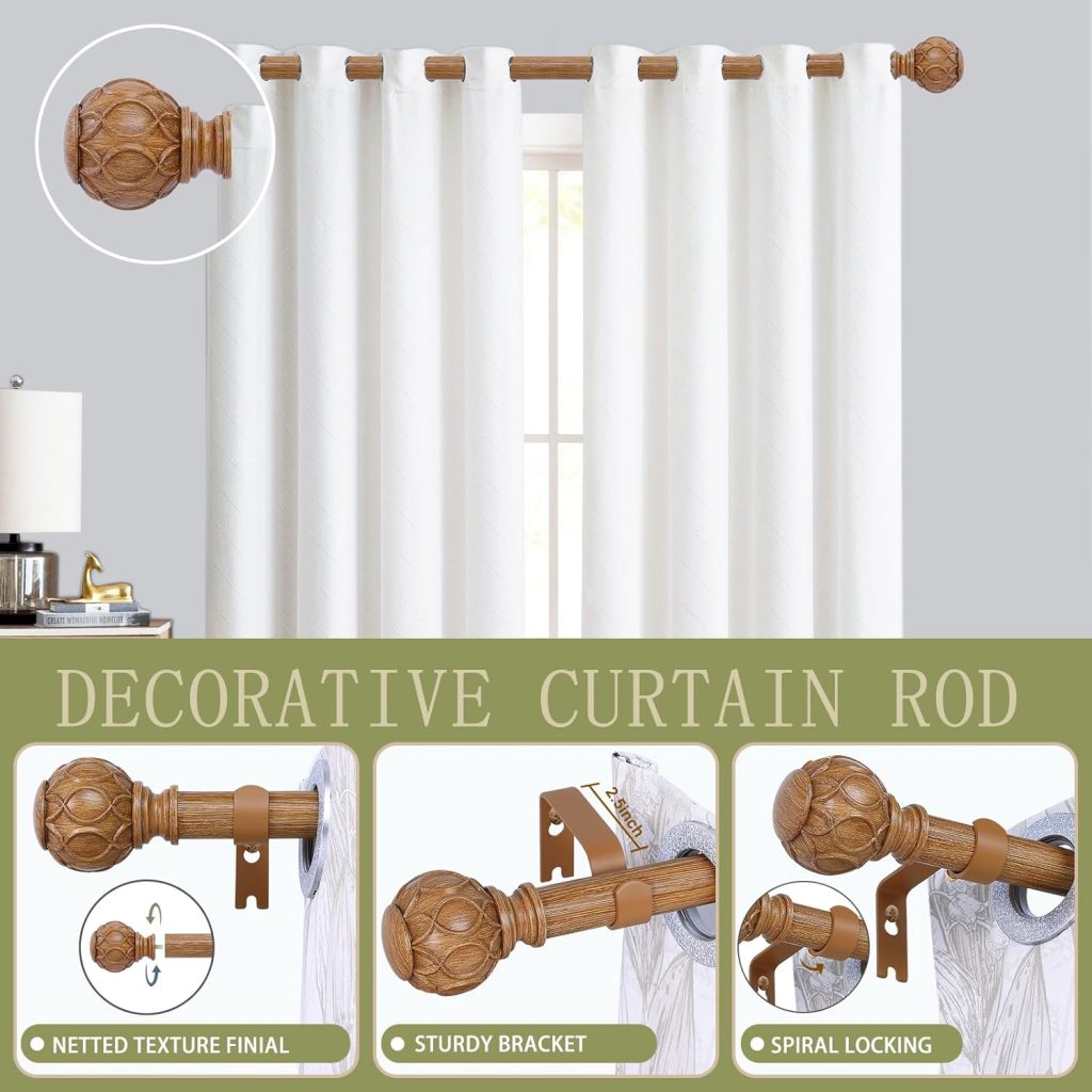 Wooden Curtain Rods - 2 Pack Adjustable Drapery Rods with Netted Texture, Heavy Duty 1 Inch, 28 to 48 Inch, Brown Wood