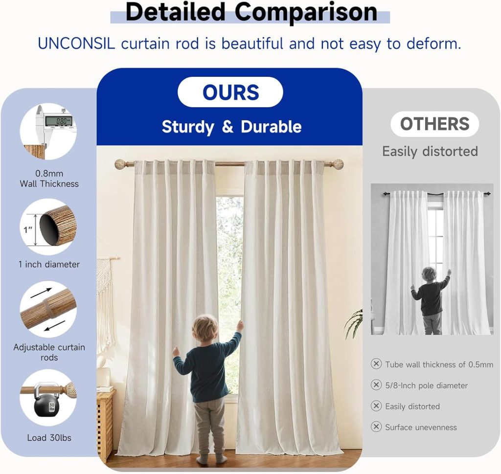 Wooden Curtain Rods - Adjustable Drapery Rods with Imitation Wood Grain Leaf Finials, Heavy Duty 1 Inch Diameter, 48" to 86"