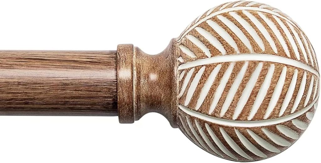 Wooden Curtain Rods - Adjustable Drapery Rods with Imitation Wood Grain Leaf Finials, Heavy Duty 1 Inch Diameter, 48" to 86"