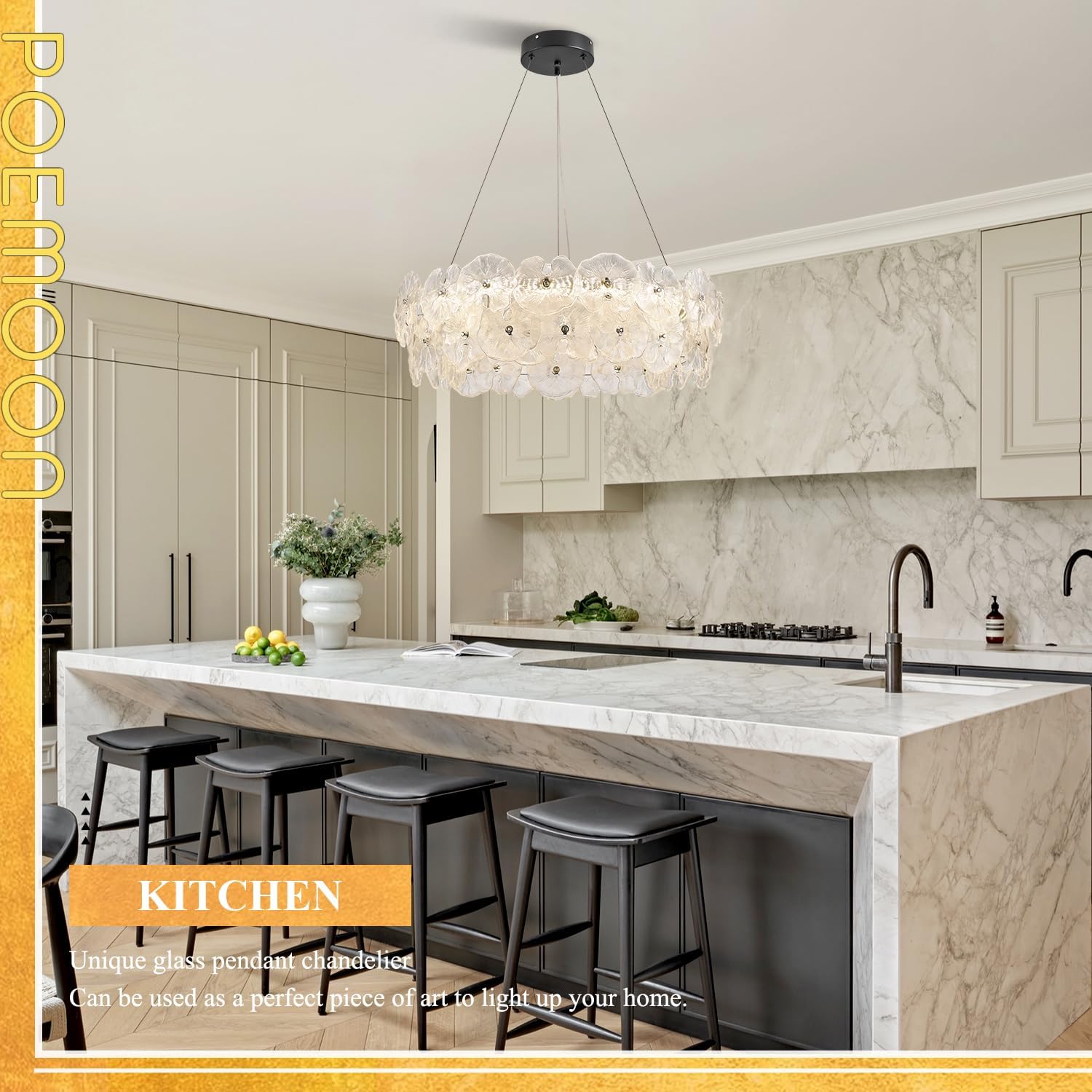 Foyer Chandelier: Modern Luxury 30" Glass LED Lotus Leaf Light with Remote Control, Dimmable 3000-6500K for High Ceilings