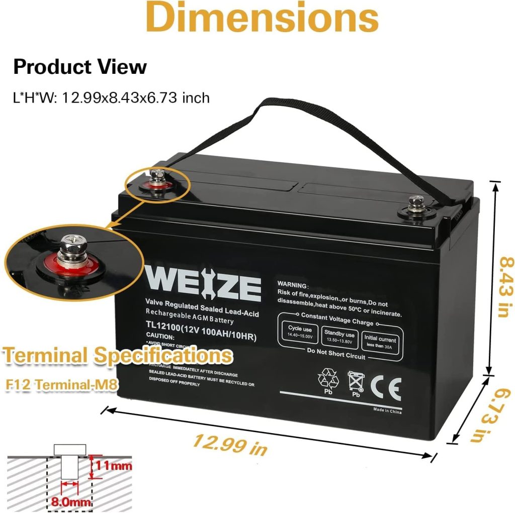 Group 31 Battery: WEIZE 12V 100Ah Deep Cycle Battery for RV, Solar, Camping, Marine, and Off-Grid Use with 1150A Max Discharge Current and 3% Self-Discharge Rate