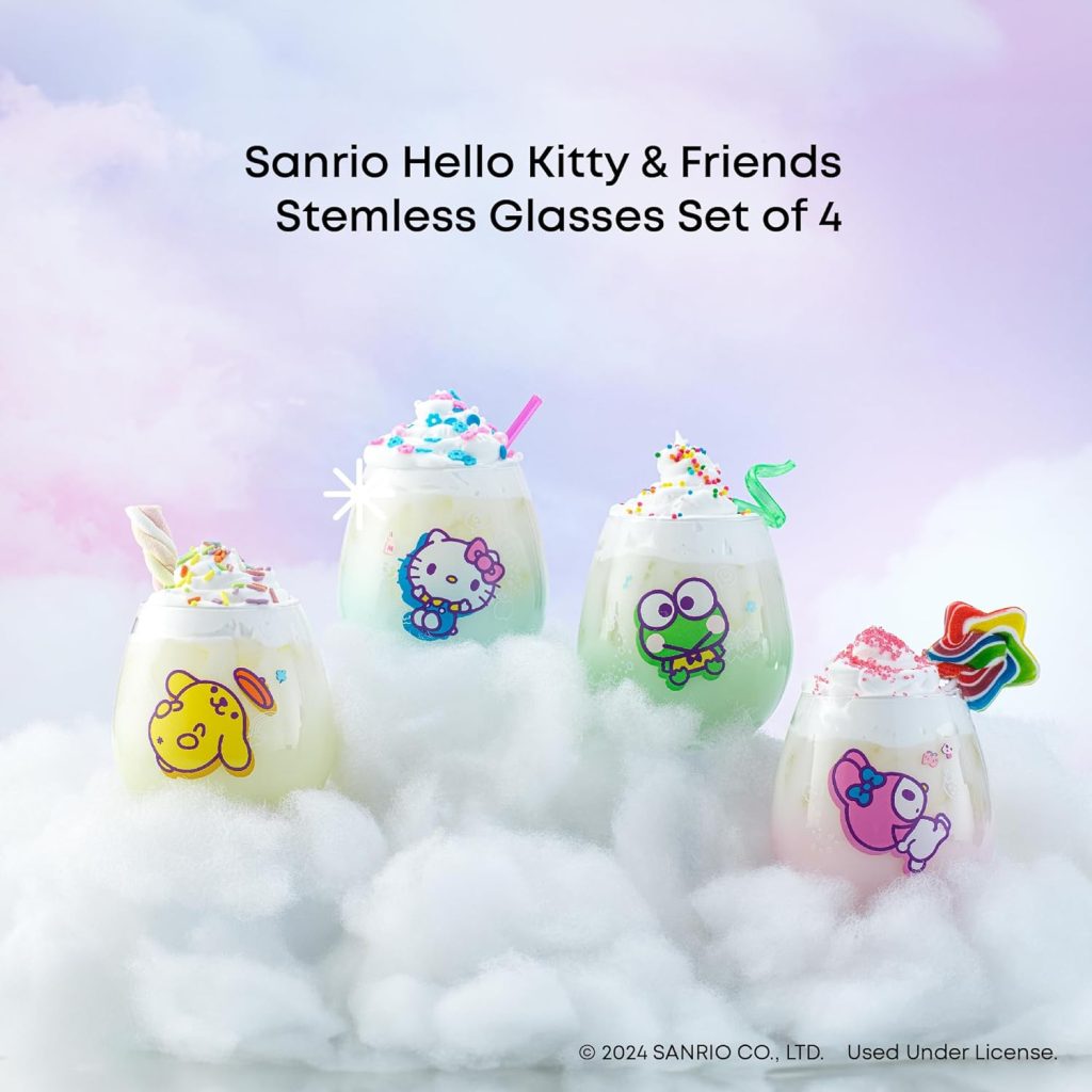 Glassware Sets JoyJolt: Hello Kitty & Friends Above the Clouds Stemless Drinking Glasses, 15oz Ombre Cups Set of 4 featuring Hello Kitty, Keroppi, My Melody & Pompompurin – Kawaii Kitchen Drinkware