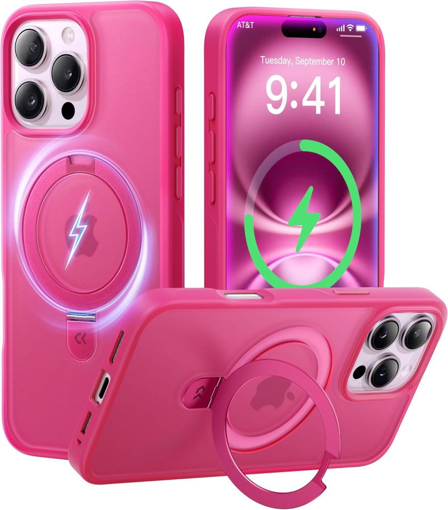 iPhone 16 Pro Max Case with Magnetic Invisible Stand – CASEKOO Slim Shockproof Military-Grade Protection, MagSafe Compatible Translucent Matte Cover, Hot Pink, 6.7 Inch