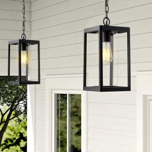 Outdoor Pendant Lighting by Beionxii: Modern Black Cast Aluminum Hanging Porch Lantern with Clear Cylinder Glass – A291H-1PK