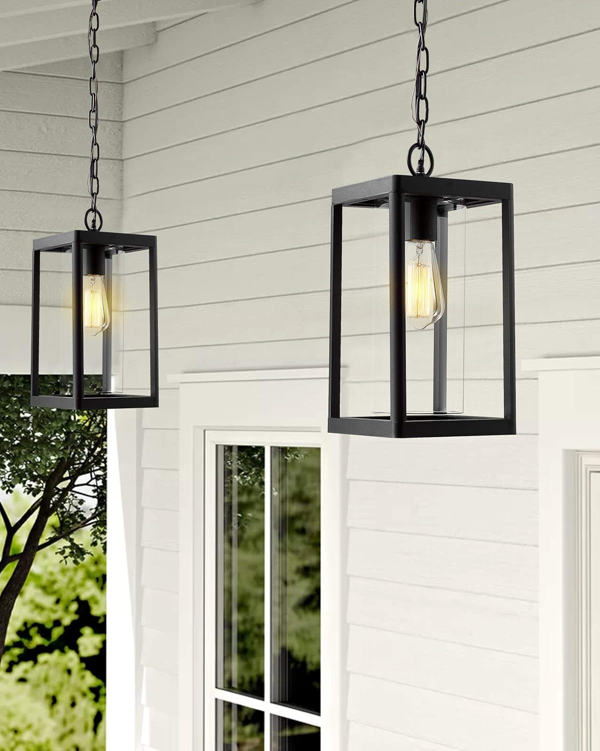 Outdoor Pendant Lighting by Beionxii: Modern Black Cast Aluminum Hanging Porch Lantern with Clear Cylinder Glass - A291H-1PK