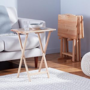 Wood Folding Table: Amazon Basics Classic Foldable TV Dinner Tray with Storage Rack, 4-Pack (14.6 L x 19 W x 26 H inches, Natural)