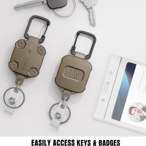 Retractable Lanyard: 2 Pack ELV Heavy Duty Self-Retracting ID Badge Holder Key Reel – 32 Inch Cord with Carabiner for Up to 15 Keys and Tools (Tan)