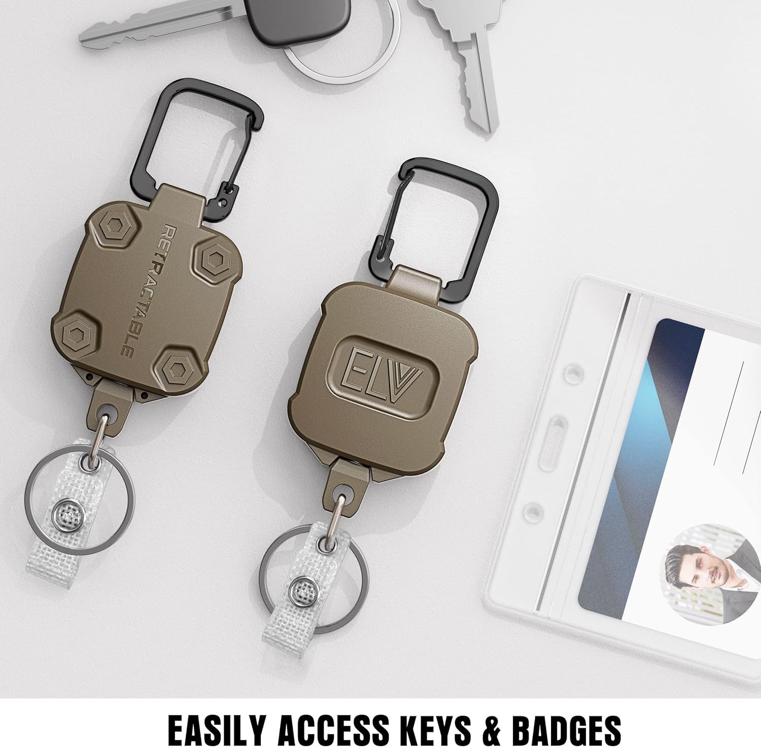 Retractable Lanyard: 2 Pack ELV Heavy Duty Self-Retracting ID Badge Holder Key Reel - 32 Inch Cord with Carabiner for Up to 15 Keys and Tools (Tan)